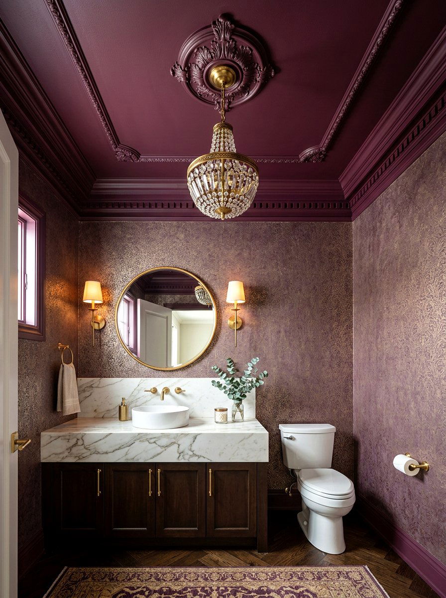 Deep plum powder room ceiling - 30 moody ceiling paint ideas