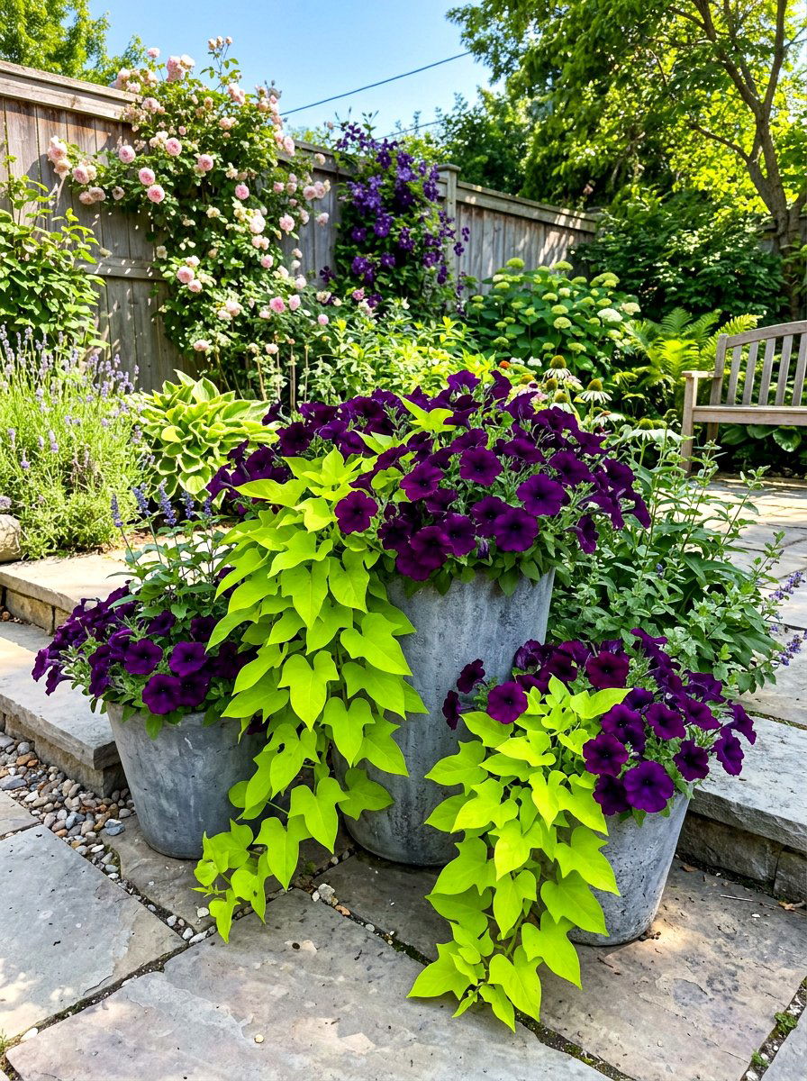 Deep purple and lime container garden - 30 container garden color ideas