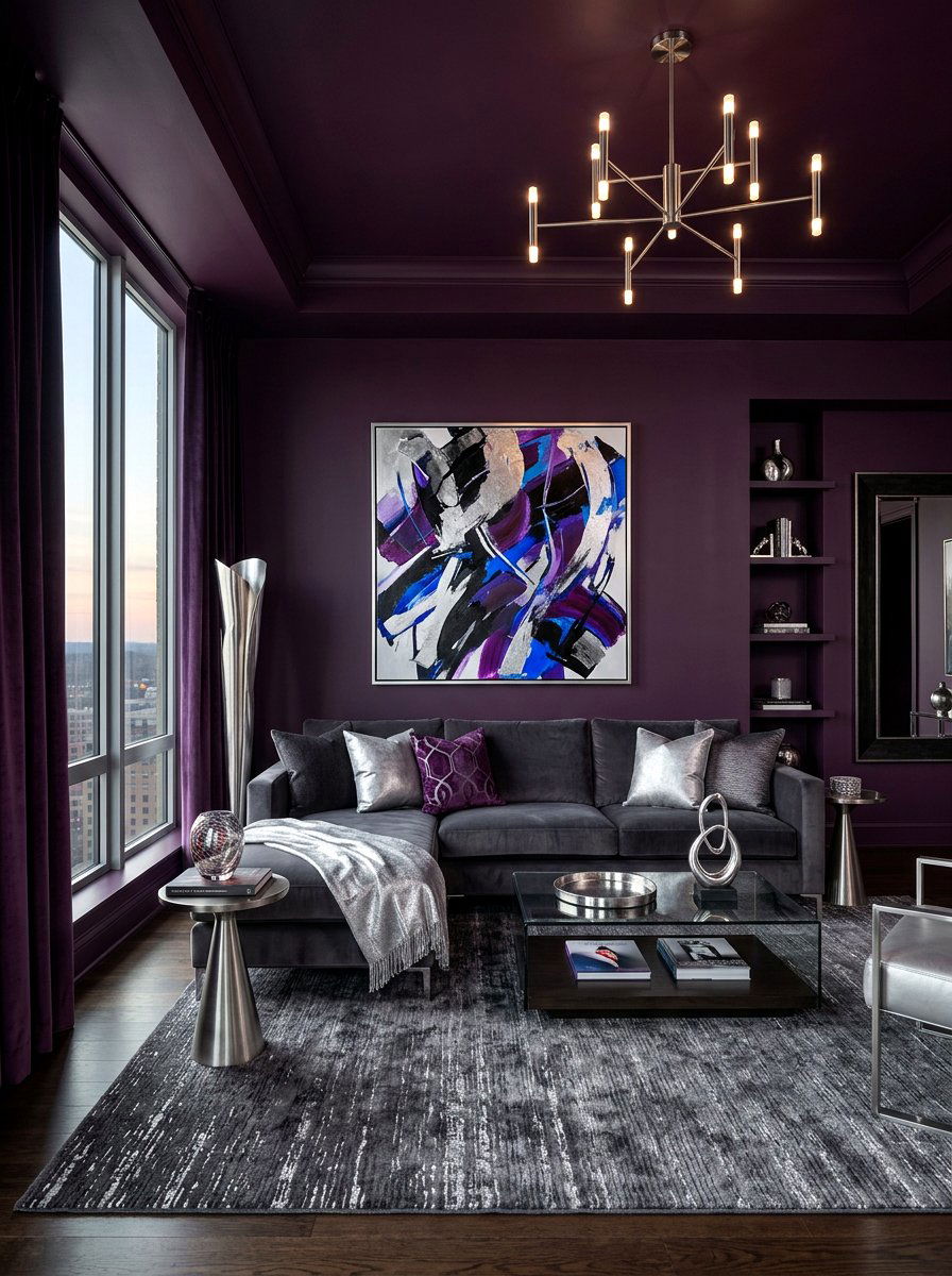 Deep purple living room - 30 color drench living room ideas
