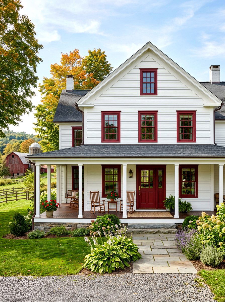 Deep red exterior window trim - 30 exterior window trim color ideas