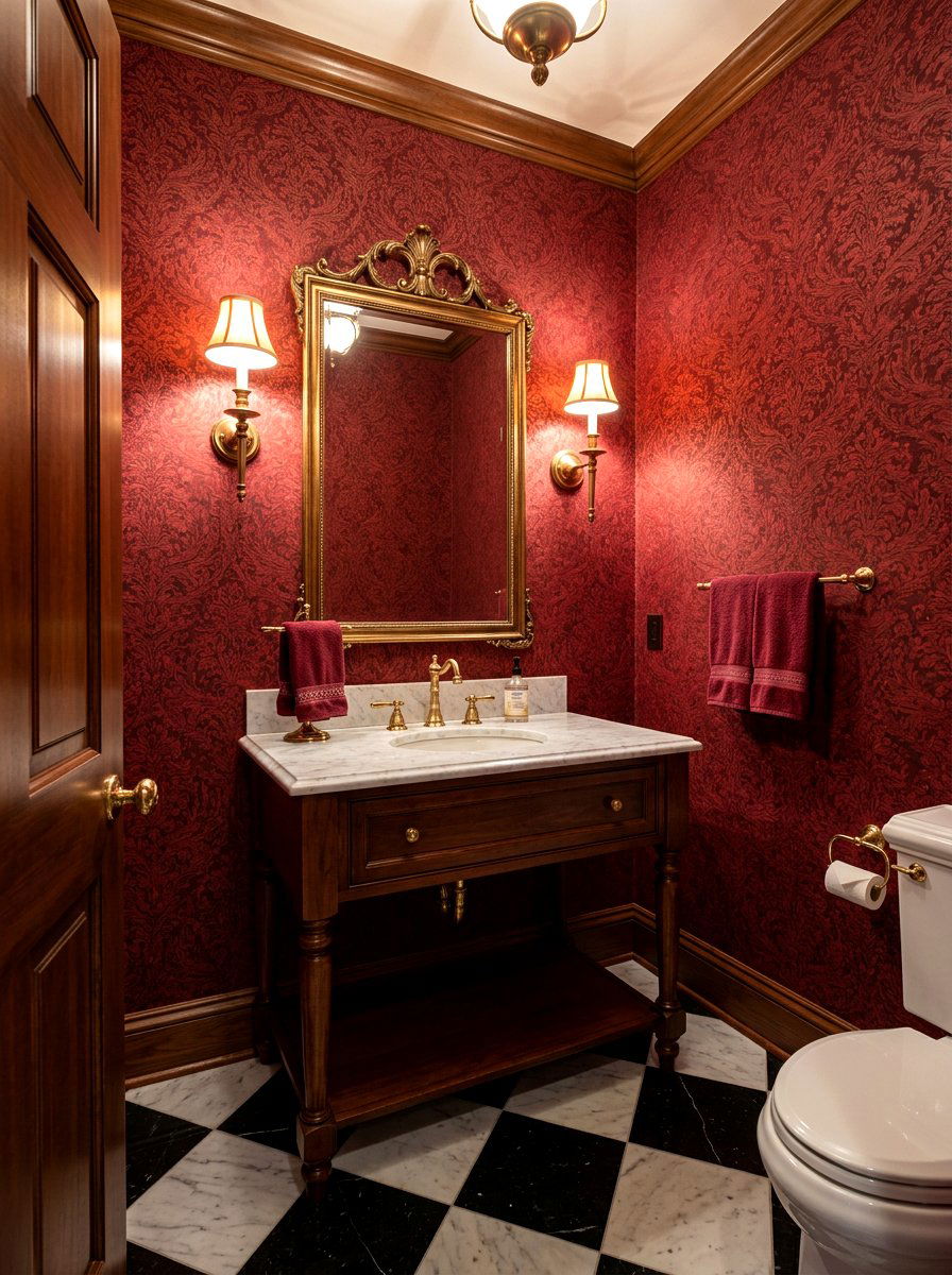 Deep red wallpaper - 30 jewel box powder room wallpaper ideas