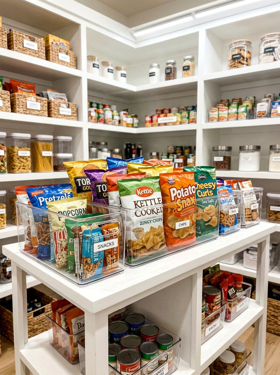 Deep shelf bins - 30 pantry snack zone ideas