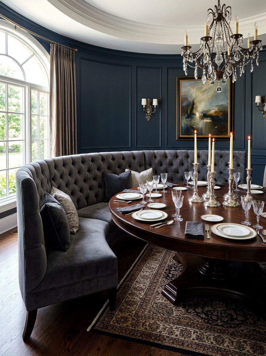 Deep tufted curved banquette - 30 curved banquette ideas