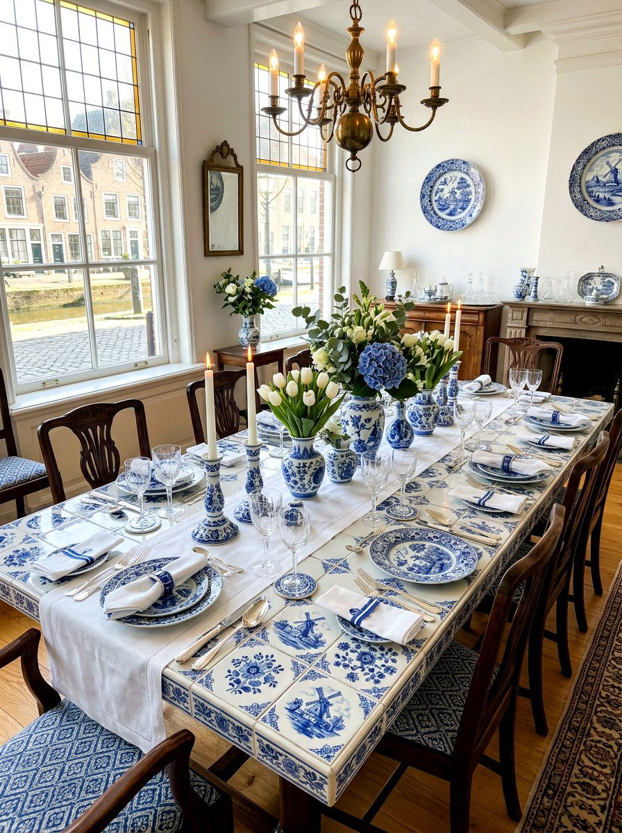 Delft Blue Ceramic Table - 30 blue and white table decor ideas