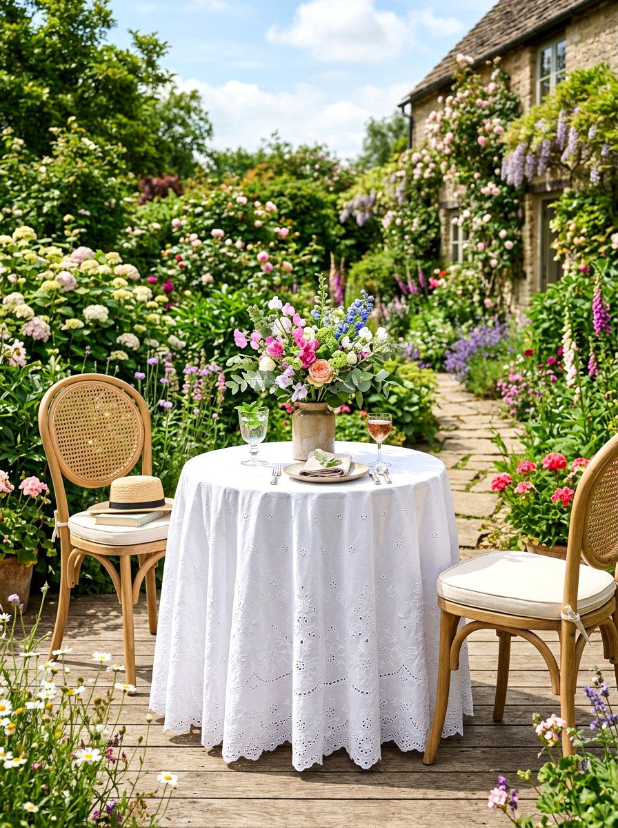 Delicate Eyelet Skirted Table - 30 porch skirted table ideas