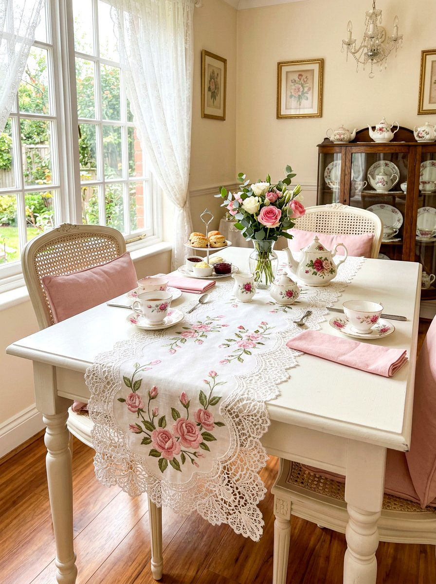 Delicate lace and rose table runner - 30 floral table runner ideas