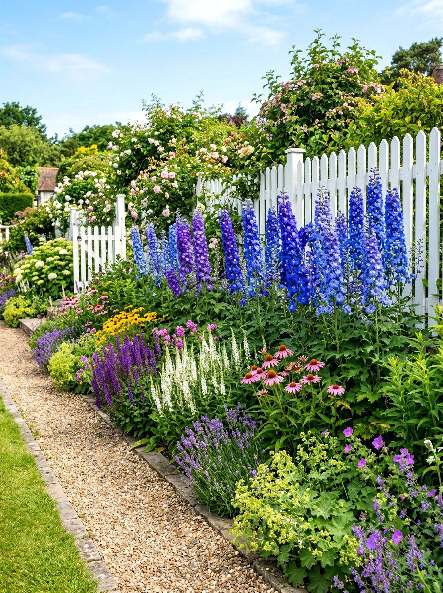 Delphinium Garden Border - 30 blue flower garden ideas