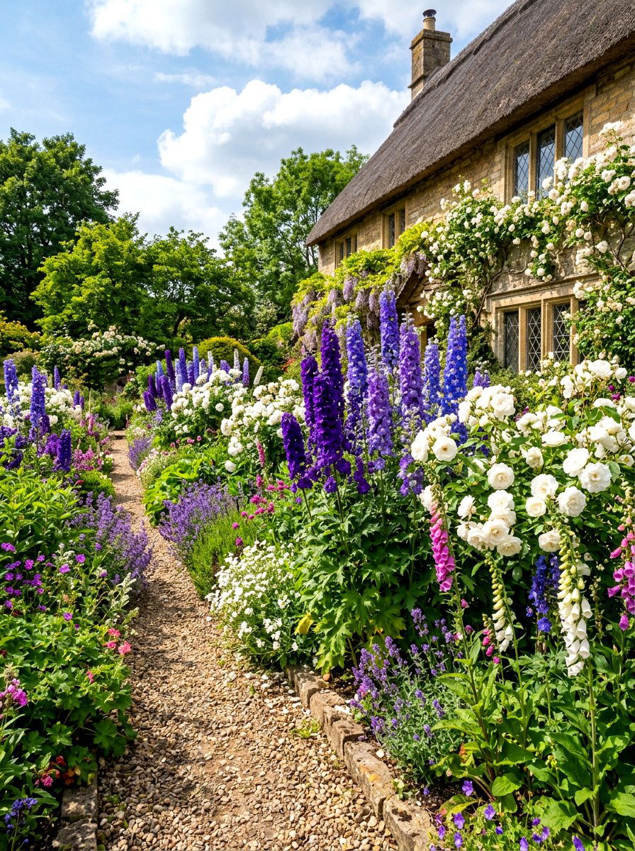 Delphinium cottage garden - 30 purple flower garden ideas