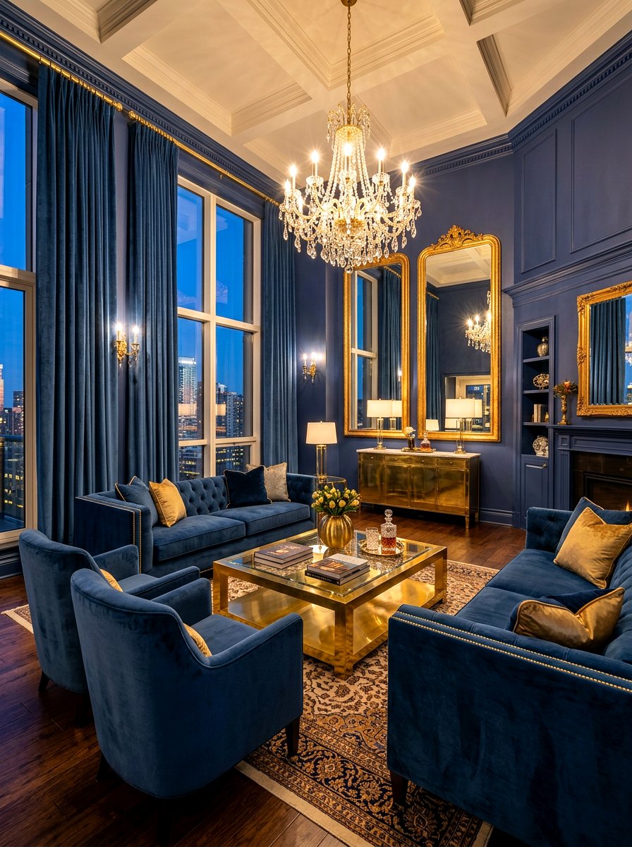 Denim Blue Gold Living Room - 30 denim blue living room ideas