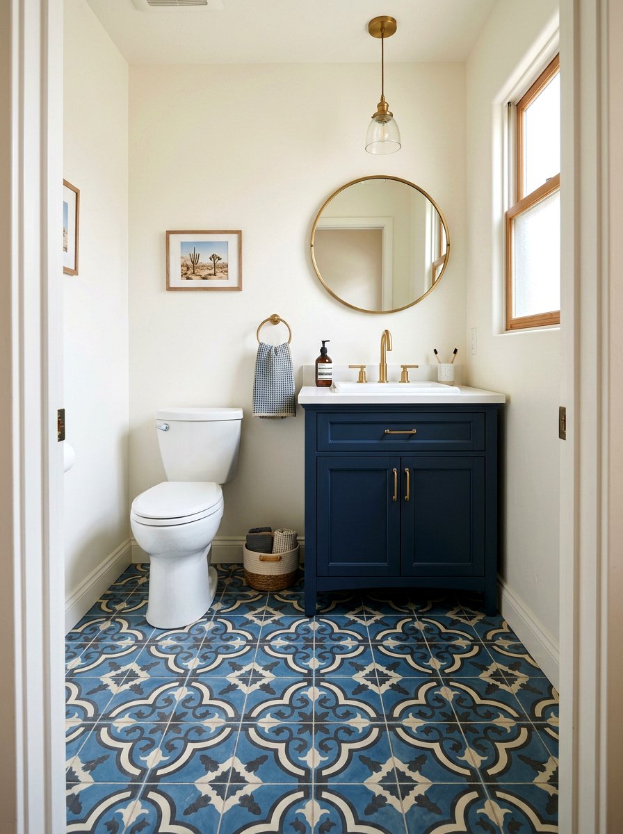 Denim blue cement tile - 30 denim blue powder room ideas