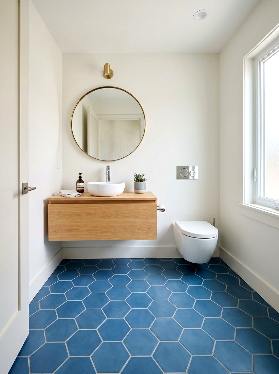 Denim blue geometric tile - 30 denim blue powder room ideas