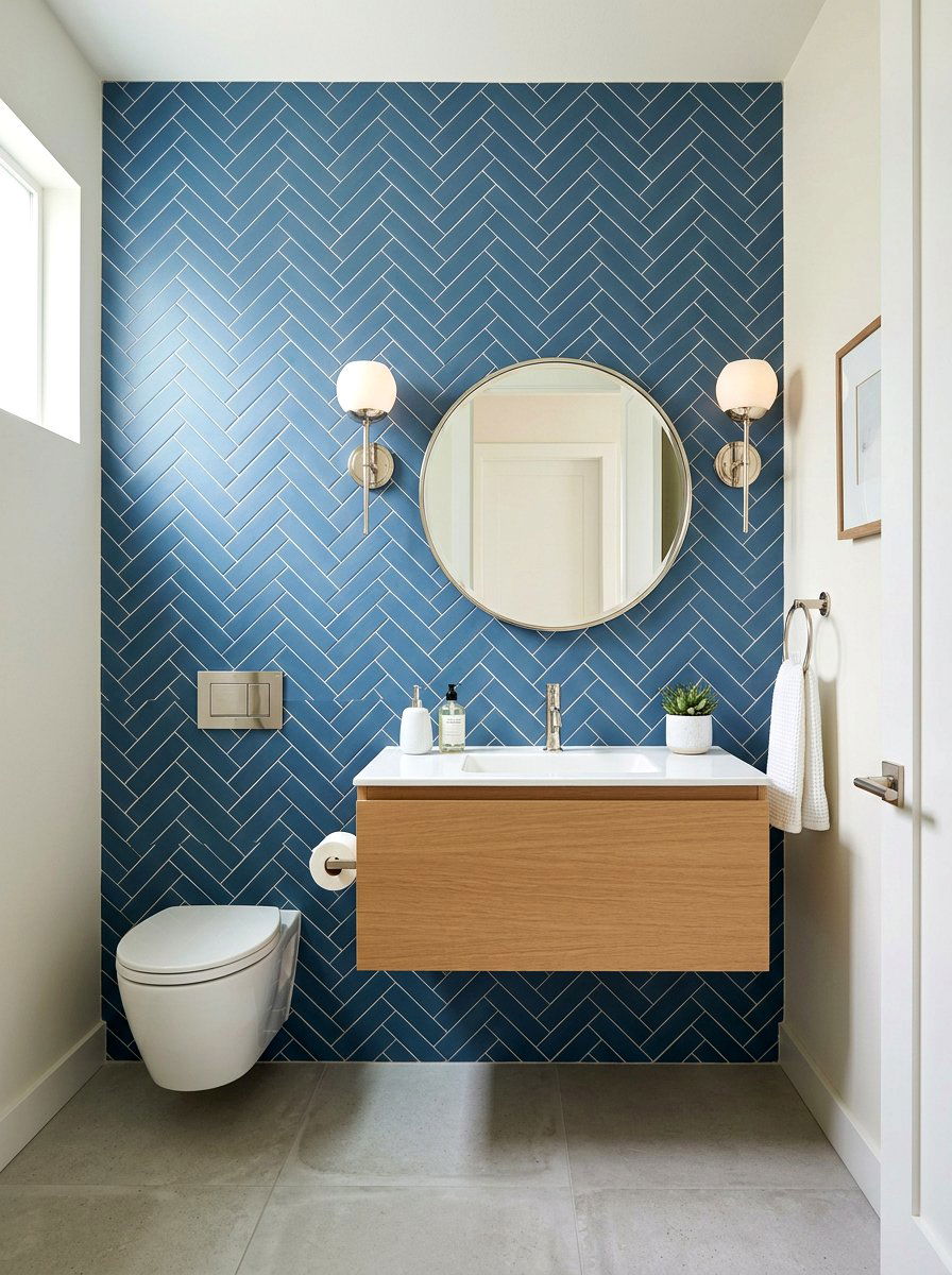 Denim blue herringbone tile - 30 denim blue powder room ideas