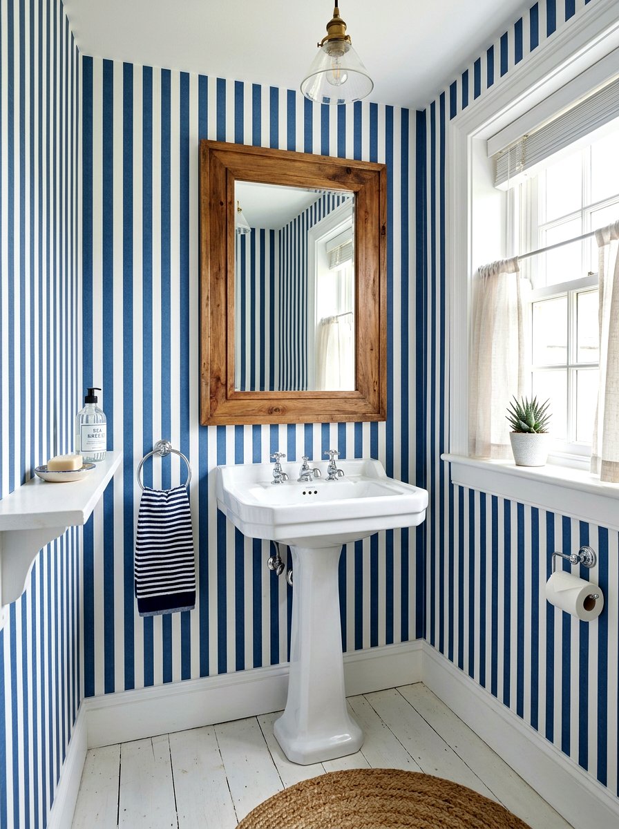 Denim blue stripe wallpaper - 30 denim blue powder room ideas