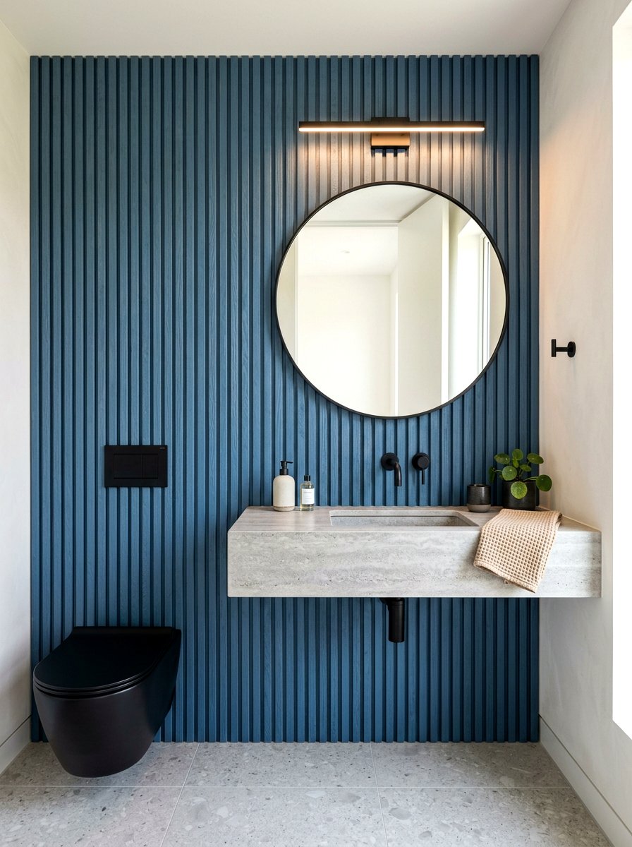 Denim blue wood slats - 30 denim blue powder room ideas