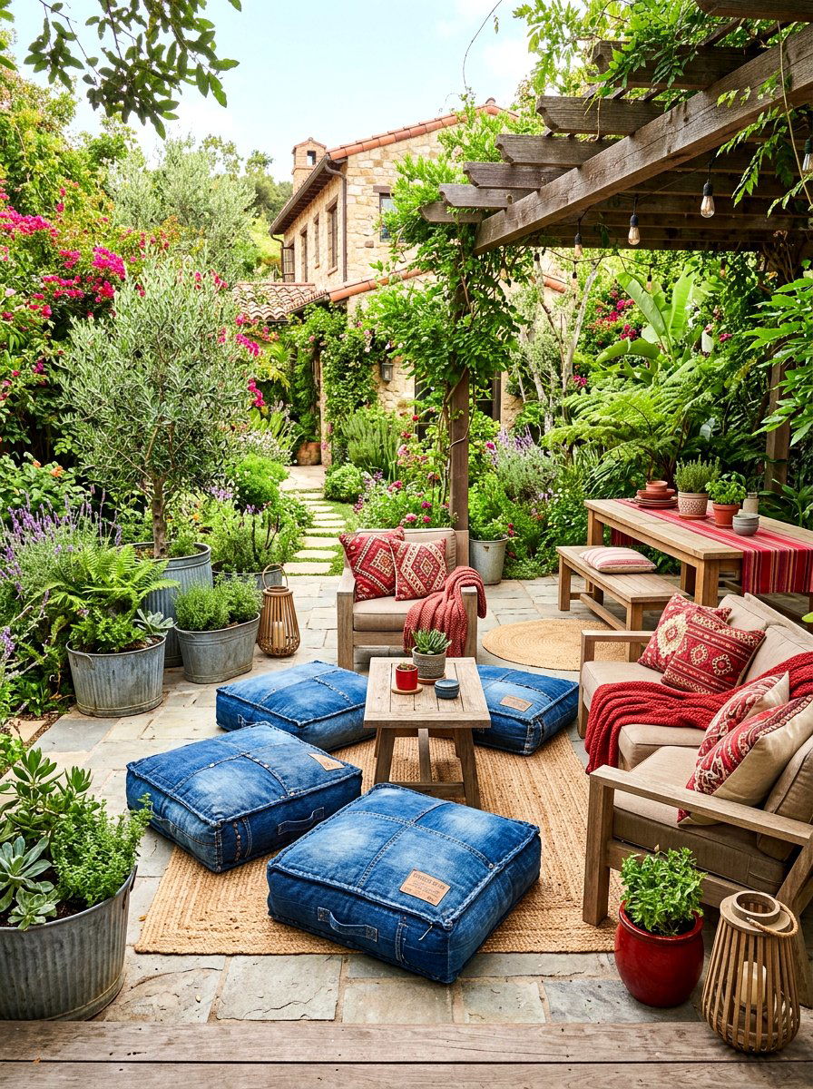 Denim floor cushion - 30 boho patio cushion ideas