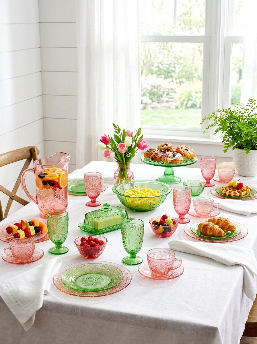 Depression glass brunch layout - 30 vintage tablescape ideas