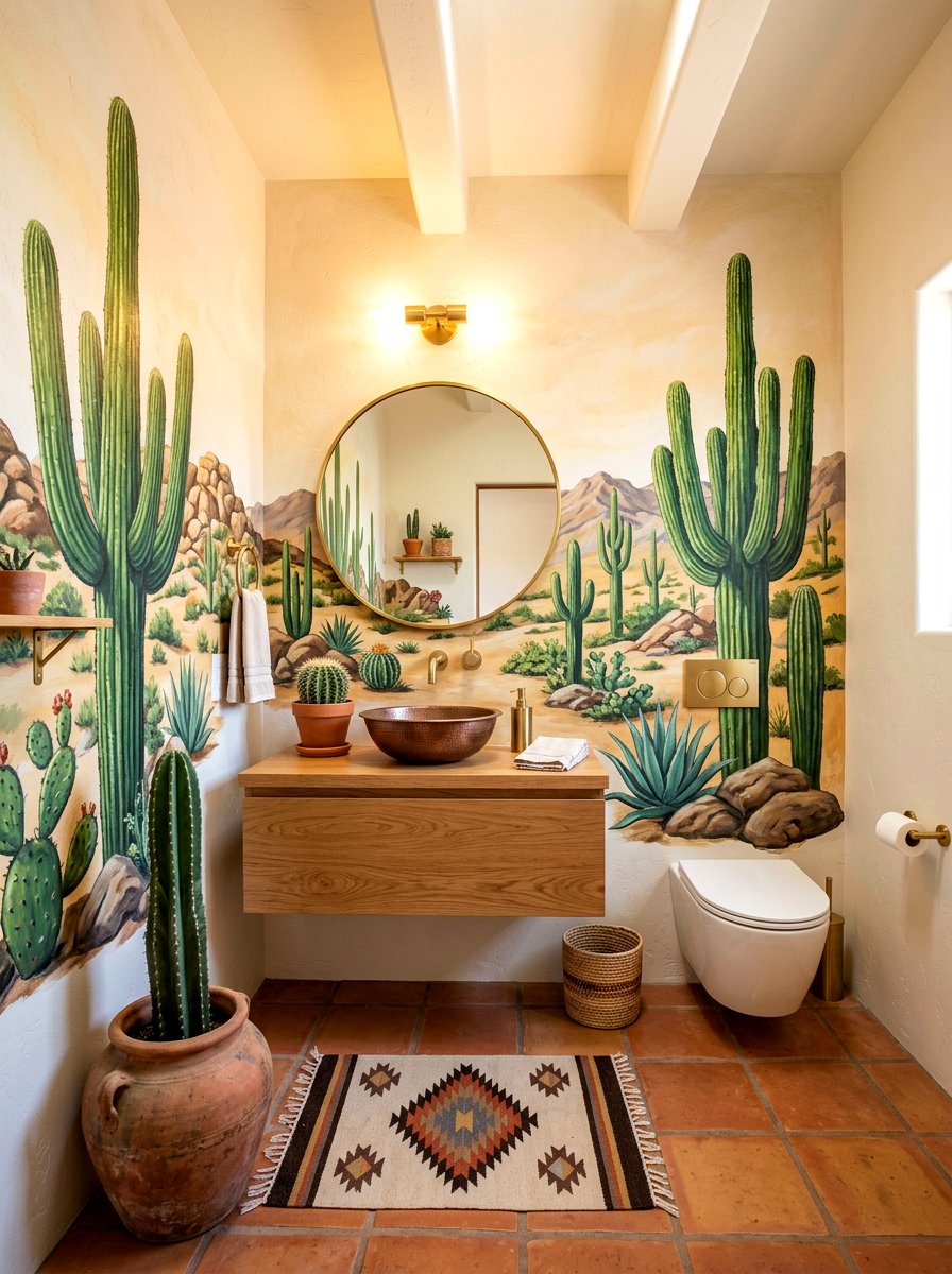 Desert Cactus Mural - 30 landscape mural powder room ideas