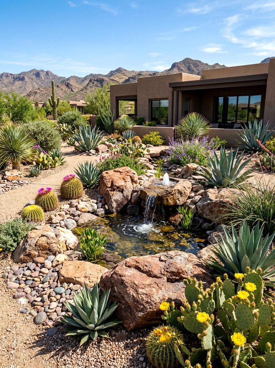 Desert Landscaped Water Feature - 30 entry fountain landscaping ideas