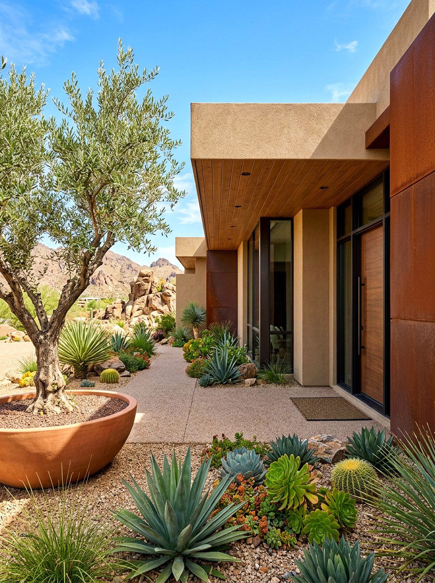 Desert Modern Entrance - 30 potted olive tree entry ideas