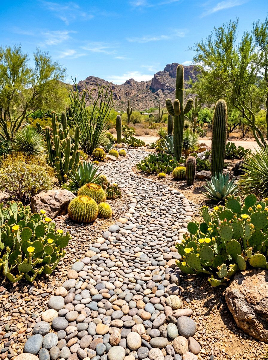 Desert River Bed Rocks - 30 cactus front yard ideas