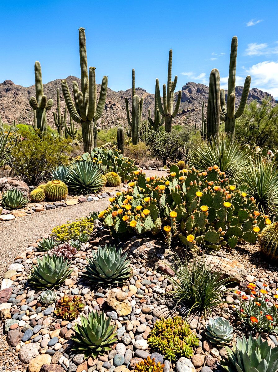 Desert Style Layered Xeriscaping - 30 layered front yard landscaping ideas
