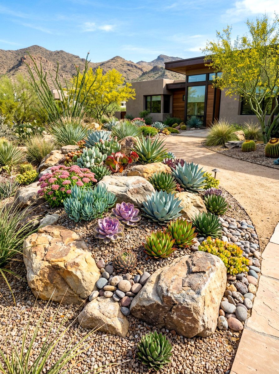 Desert Succulent Rock Bed - 30 modern flower bed ideas