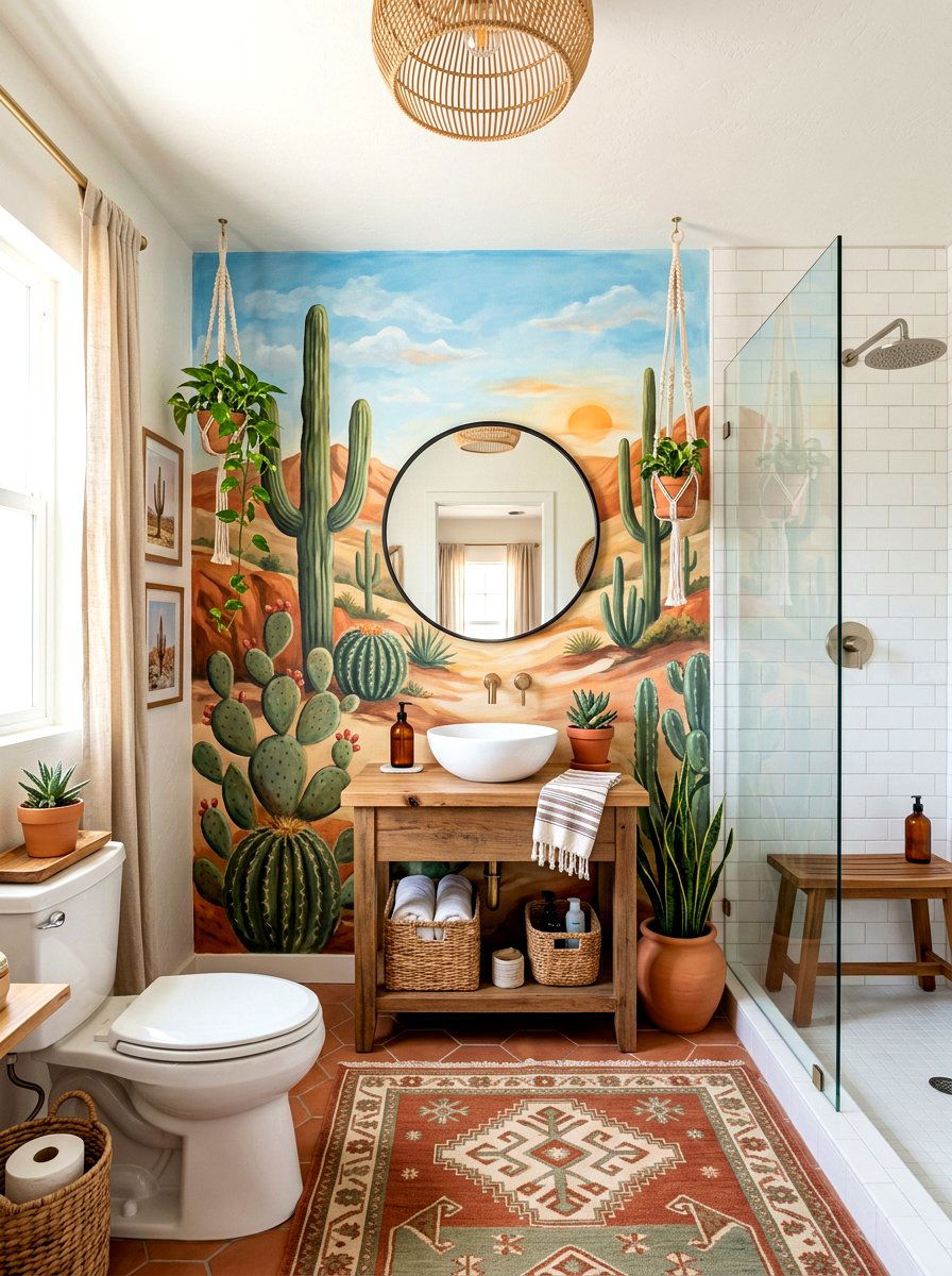 Desert cactus bathroom mural - 30 mural bathroom ideas