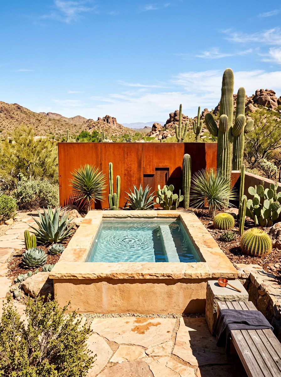 Desert landscape cold plunge - 30 cold plunge backyard retreat ideas