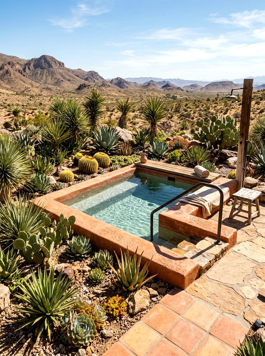 Desert landscape cold plunge - 30 cold plunge backyard ideas