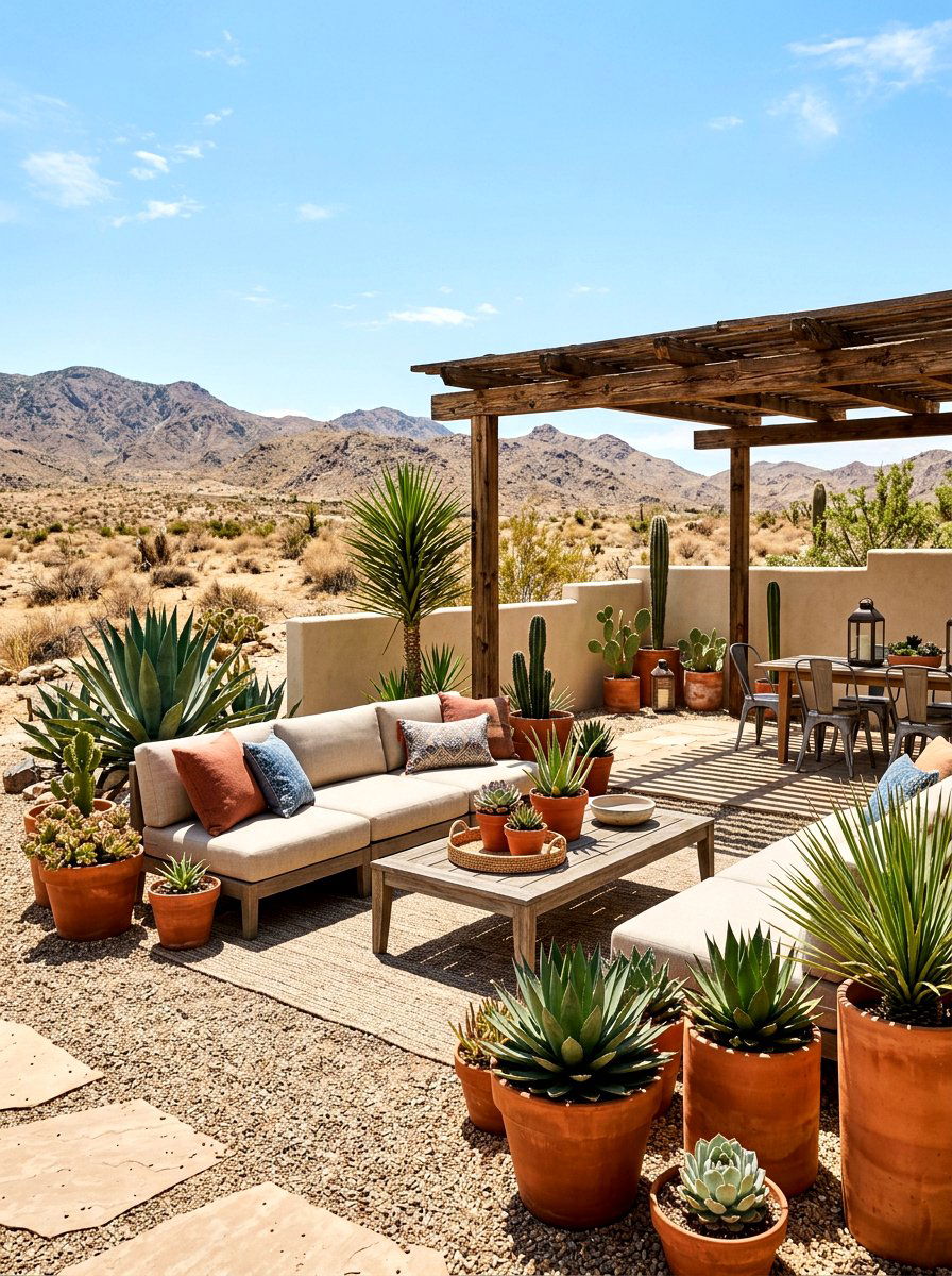 Desert landscape patio design - 30 California casual patio lounge ideas