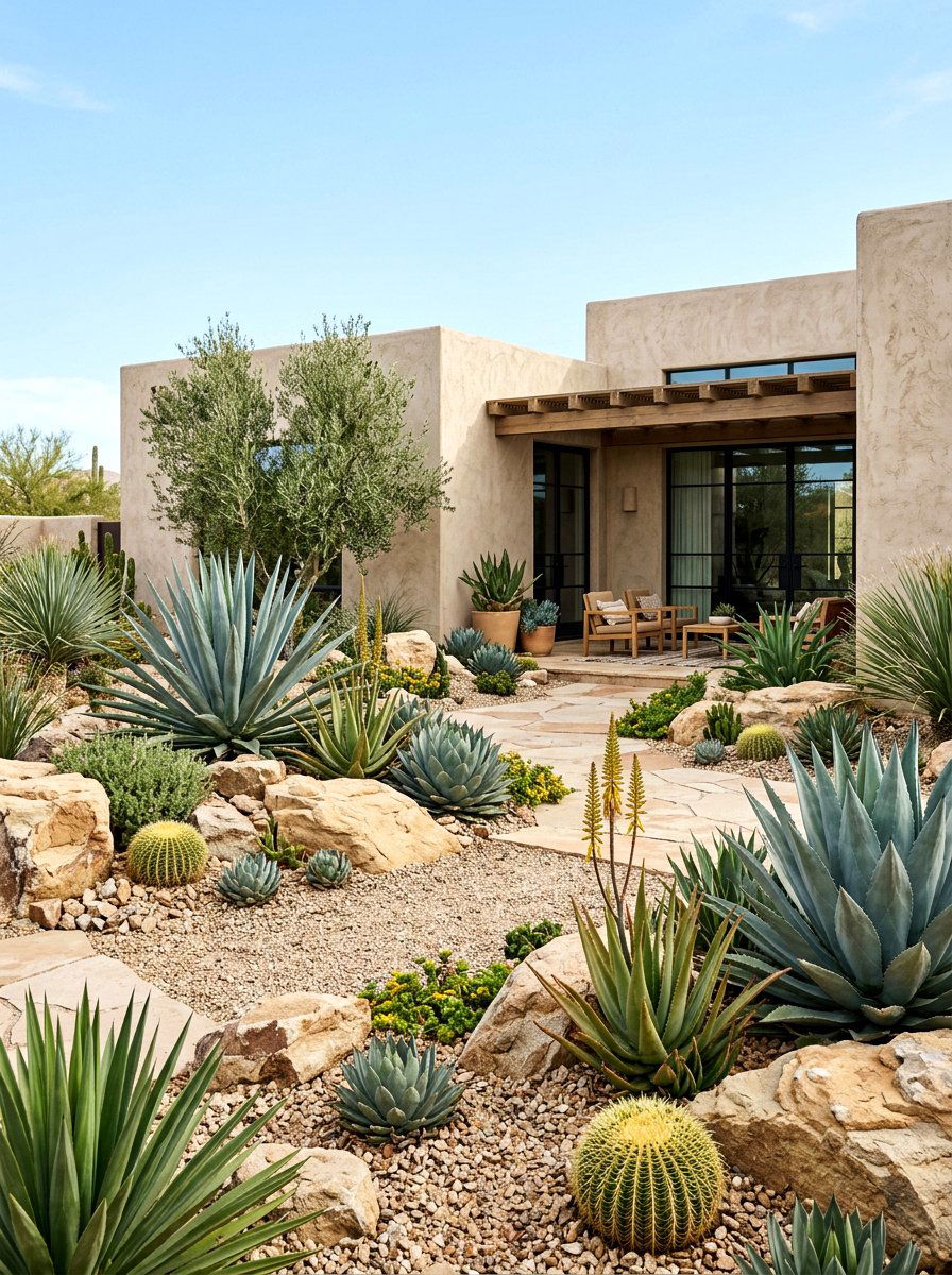 Desert succulent courtyard - 30 Mediterranean front courtyard ideas