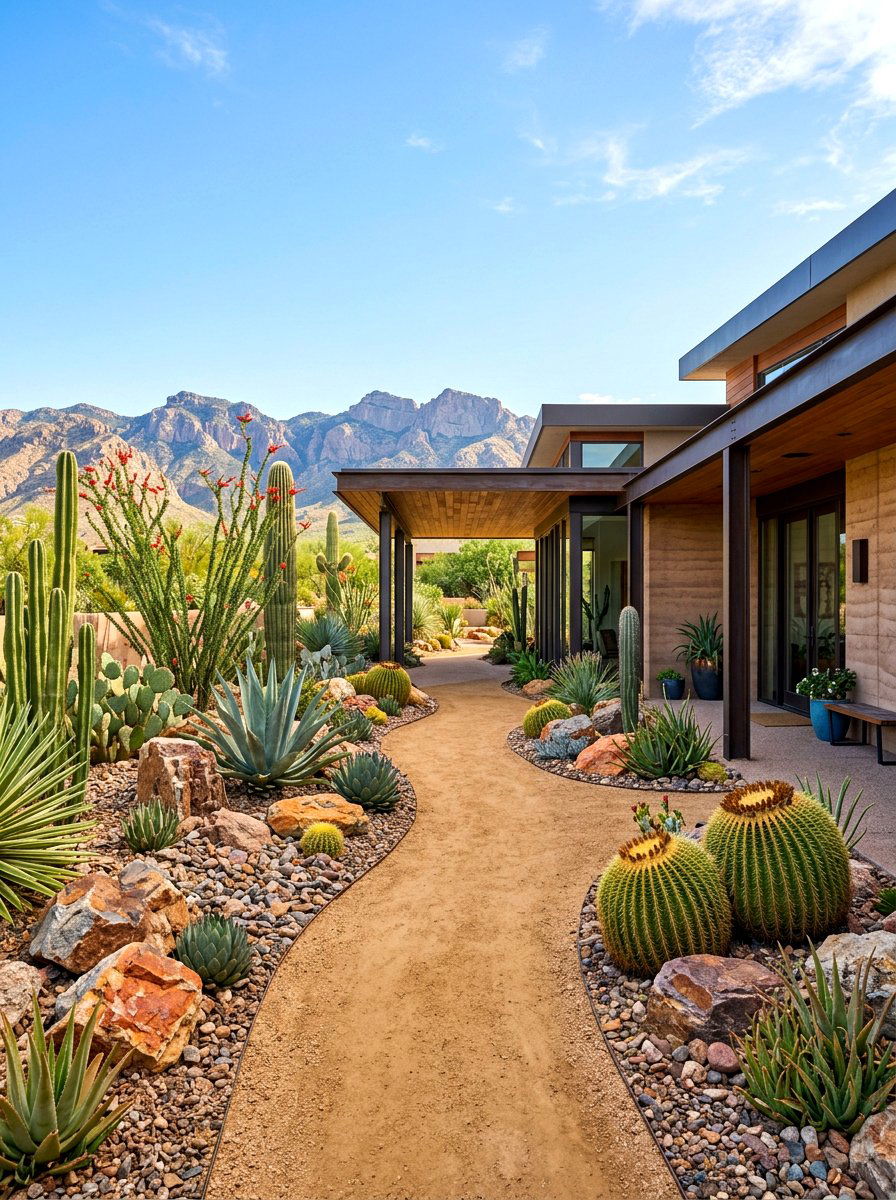 Desert xeriscape path - 30 breezeway garden ideas