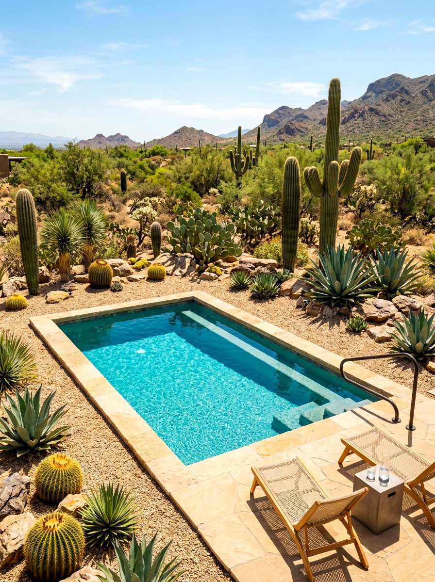 Desert xeriscape plunge pool - 30 plunge pool backyard ideas aesthetic
