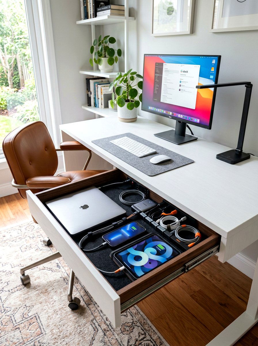 Desk Drawer Charging Station - 30 hidden charging drawer ideas