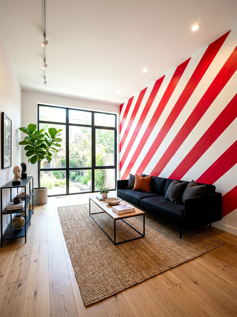 Diagonal Circus Stripe Feature Wall - 30 circus stripe living room ideas