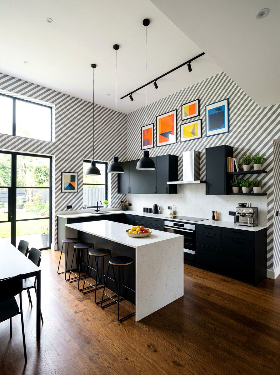 Diagonal striped contemporary kitchen - 30 striped kitchen wallpaper ideas
