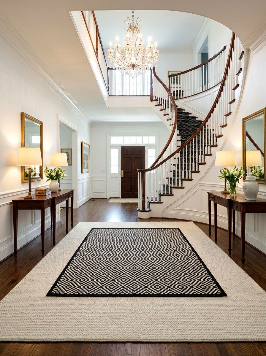 Diamond Print Rug Over Solid Base - 30 entrance rug layering ideas