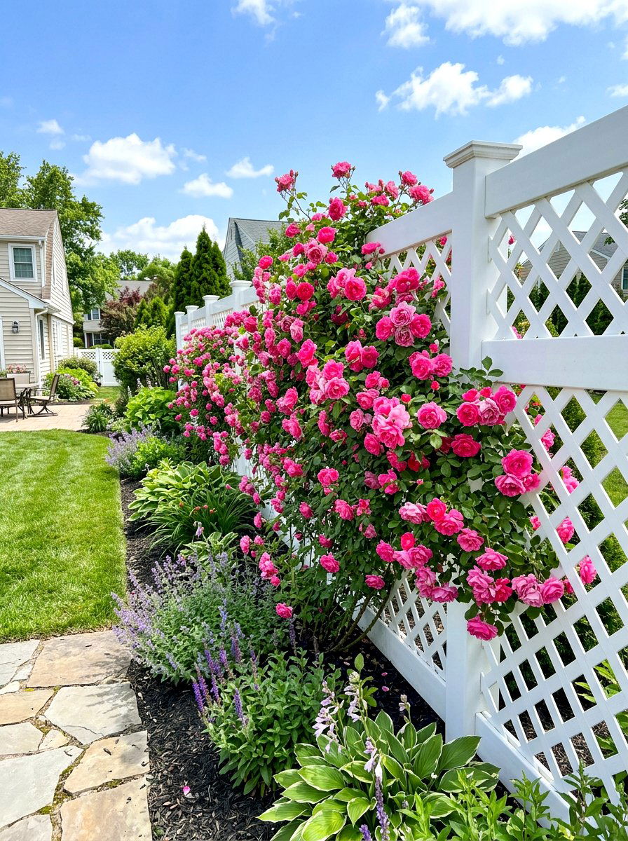 Diamond pattern lattice fence - 30 climbing rose trellis ideas