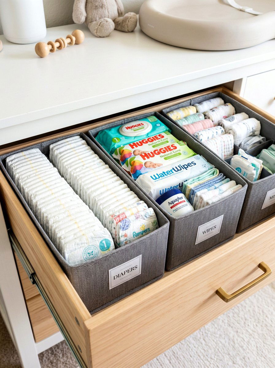 Diaper storage bins - 30 nursery dresser organization ideas