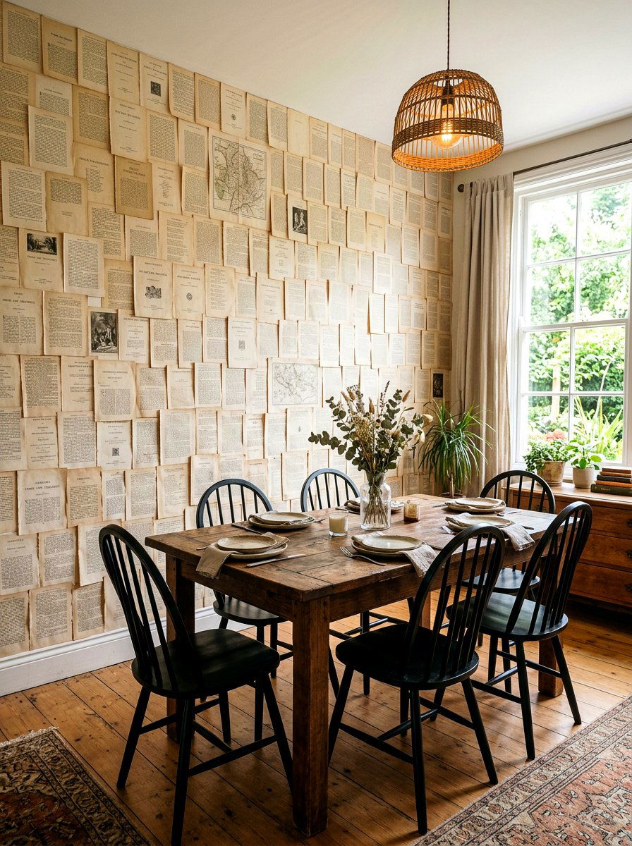 Dining Room Feature Wall Of Vintage Book Pages - 30 vintage book decor ideas