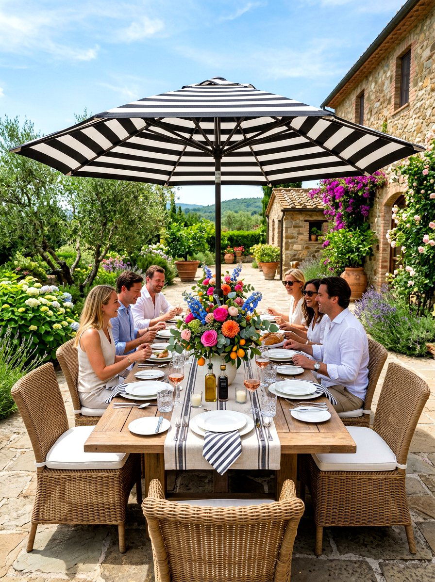 Dining Table Striped Umbrella - 30 striped umbrella patio ideas