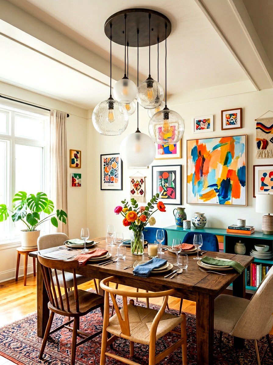 Dining area mismatched globe cluster - 30 globe pendant ideas