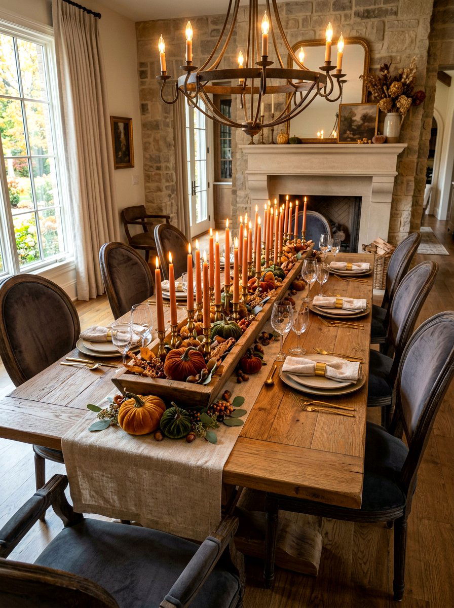 Dining table centerpiece with taper candles - 30 candle heavy fall decor ideas