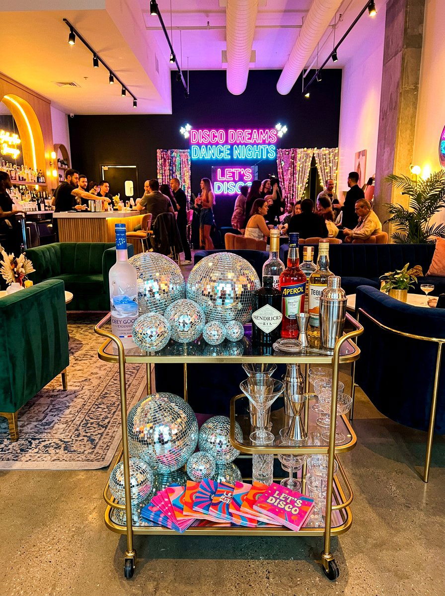 Disco Ball Bar Cart - 30 champagne cart decor ideas