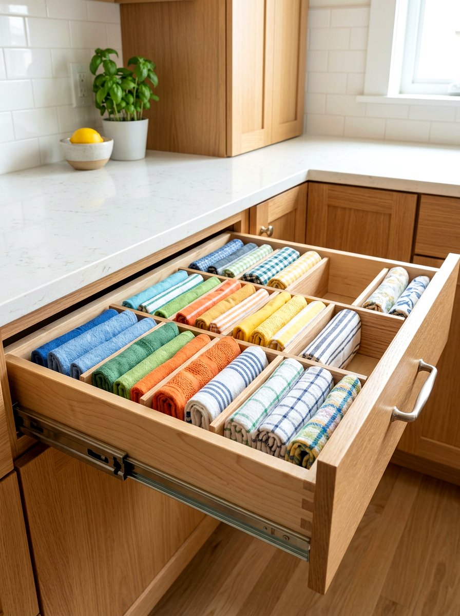 Dish Towel Drawer Divider - 30 organizing kitchen drawers ideas