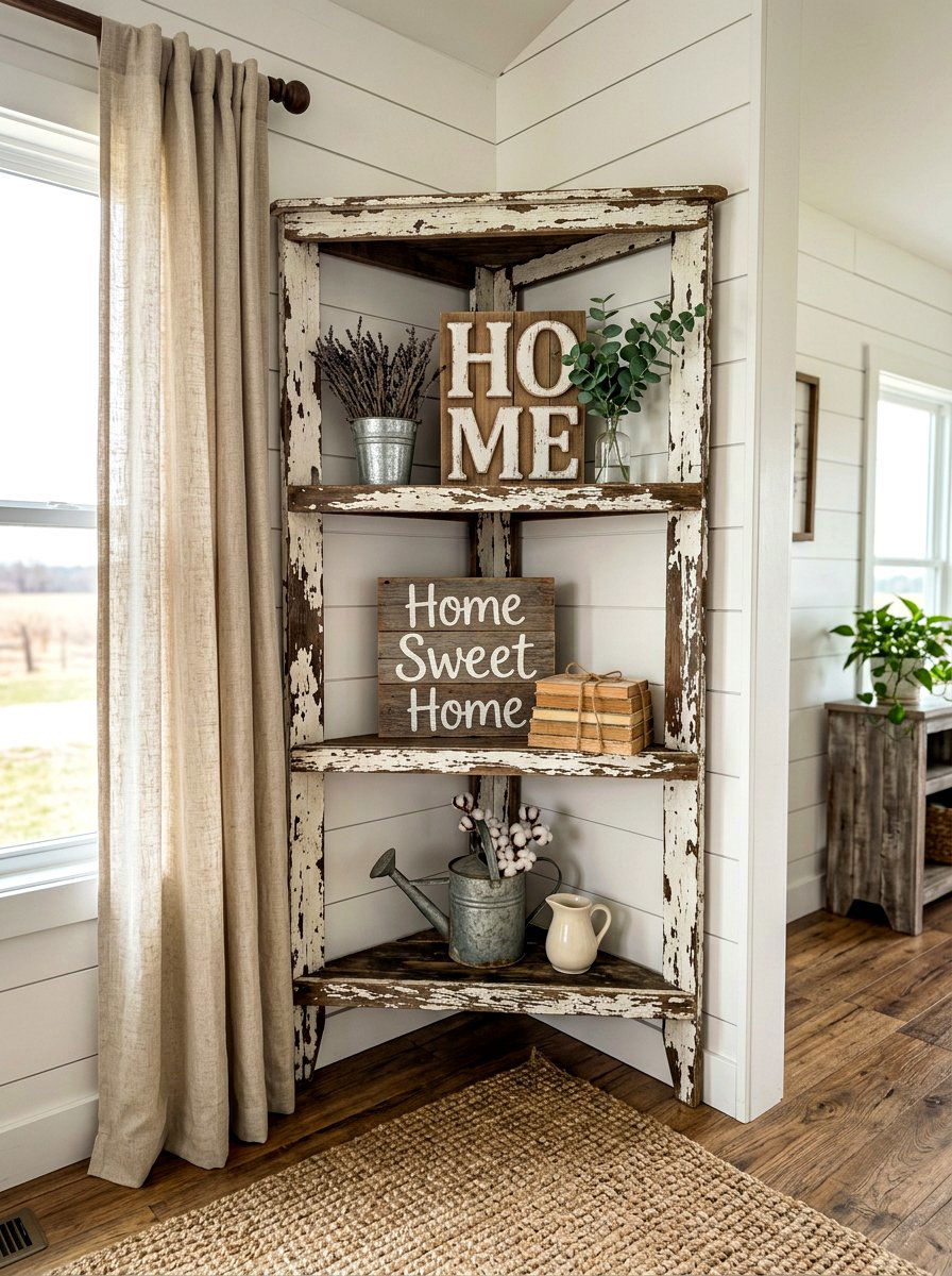 Distressed Farmhouse Corner Shelf - 30 living room corner shelf ideas