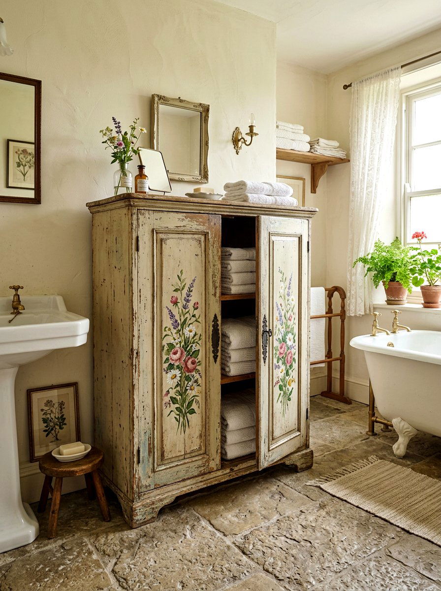 Distressed Floral Cabinet - 30 vintage floral bathroom ideas