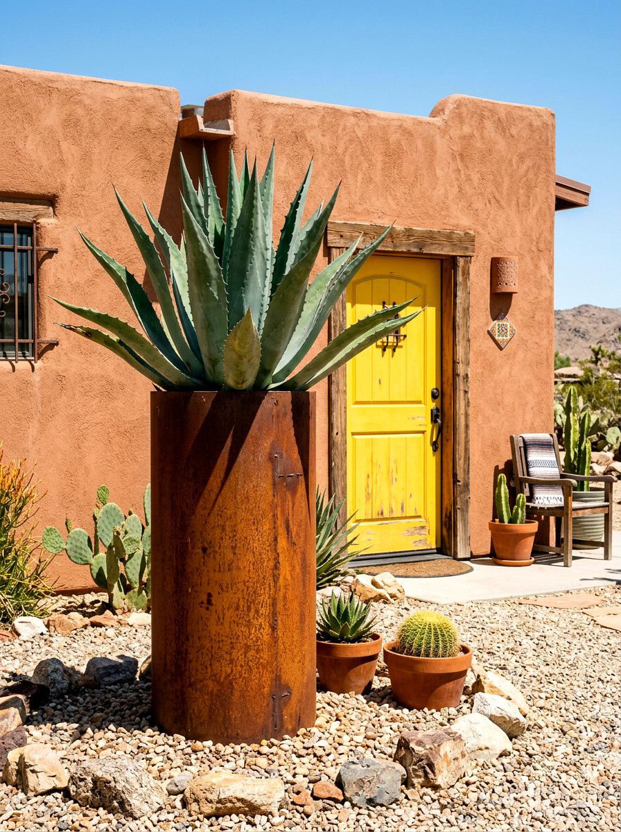 Distressed Metal Tall Planter - 30 tall front door planter ideas