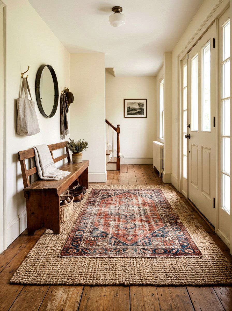 Distressed Persian Rug On Neutral Jute - 30 entrance rug layering ideas