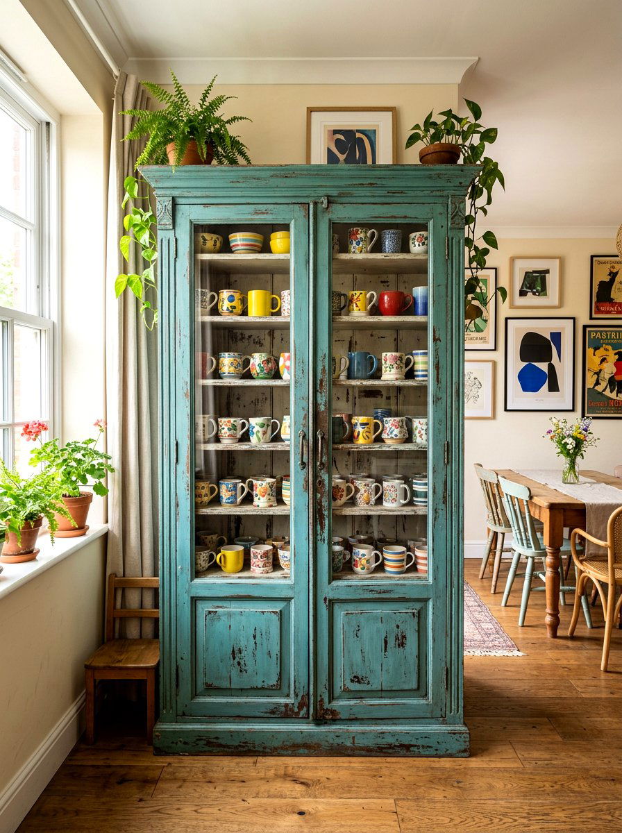 Distressed Teal Cabinet - 30 tea shelf styling ideas